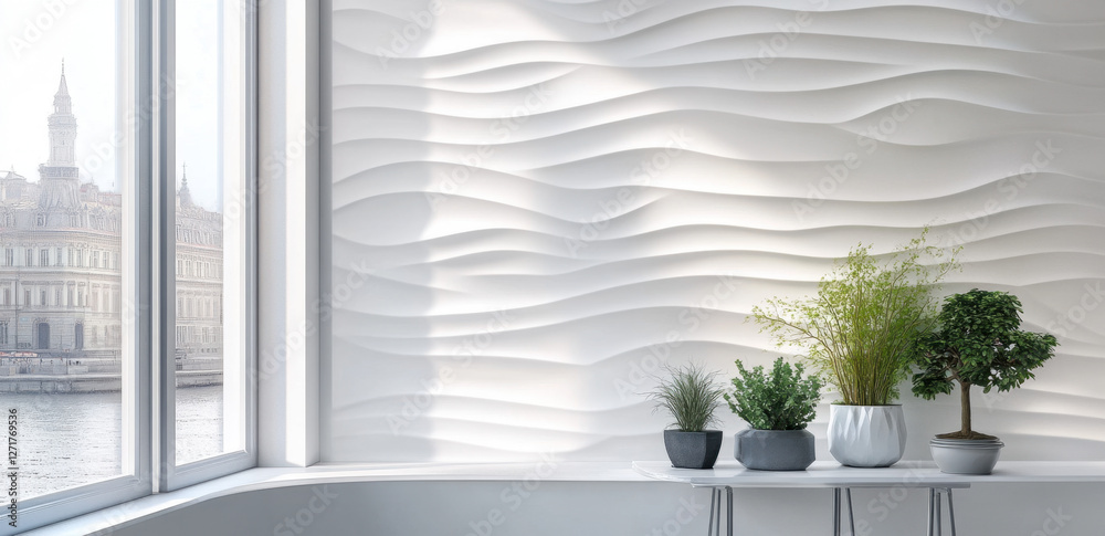 Fototapeta premium Textured white wall features wavy relief design, complemented by potted plants near a large window overlooking a serene view