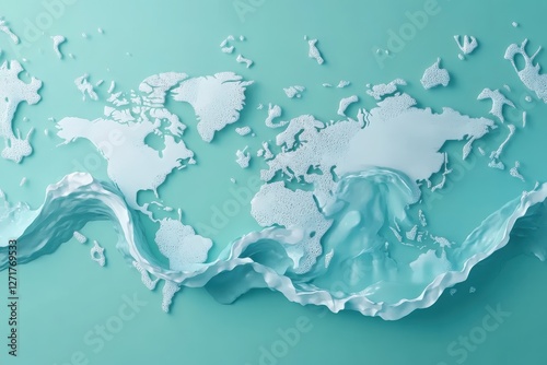 World map drowning in turquoise foamy water polluting earth continents