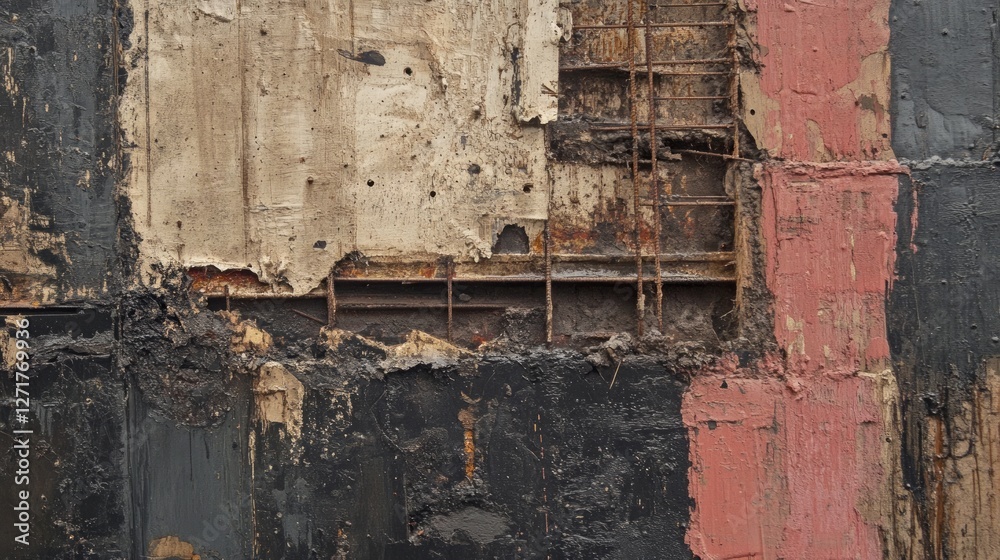 Naklejka premium A Detailed View of a Weathered Concrete Wall with Patchwork Repairs