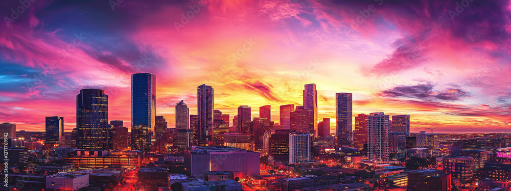 Fototapeta premium Vibrant city skyline at sunset with colorful dramatic clouds, featuring modern skyscrapers, urban architecture, and city lights, representing metropolitan life, travel and business hubs.
