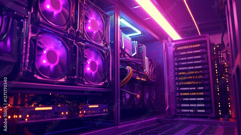 Obraz premium This modern data center exhibits illuminated cables and components at night