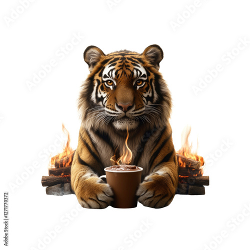 Majestic Tiger Enjoying a Warm Drink by a Campfire