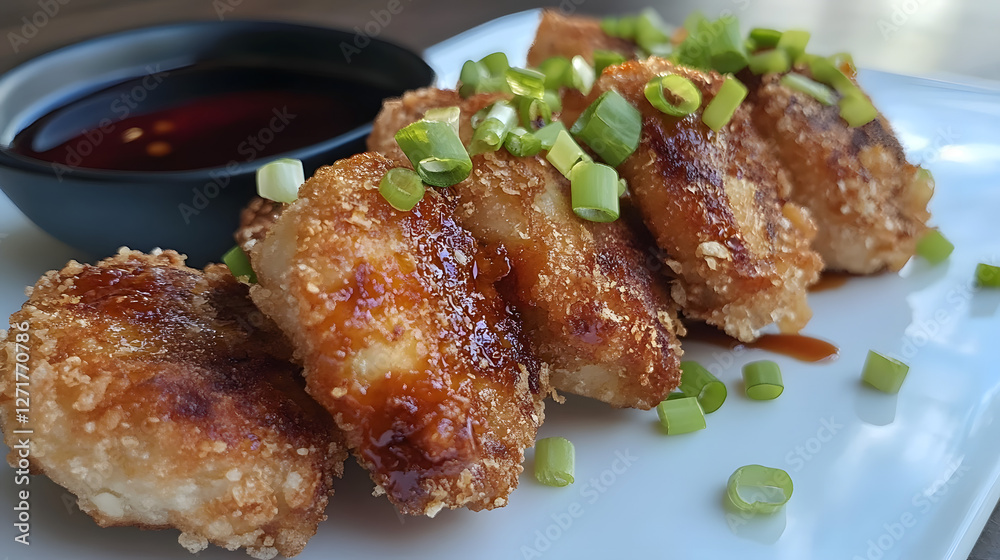Crispy fried dumplings with a spicy tofu and ginger filling, served with a rich teriyaki dipping sauce and garnished with chopped green onions. Crispy fried dumplings with a spicy tofu and ginger filling, served with a rich teriyaki dipping sauce and garnished with chopped green onions.