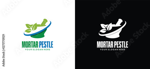 Mortar and pestle logo design with green leaf symbol