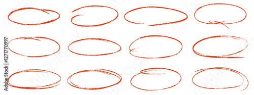 Red crayon ovals and circles set. Hand draw ellipses in red pencil doodle style for diagrams. Round marker freehand shapes, emphasis highlights rough thin frames. Vector illustration.
