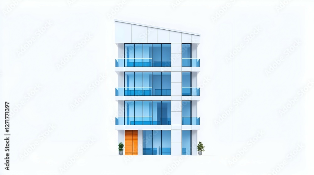 Modern White and Blue Apartment Building with Glass Balconies Modern White and Blue Apartment Building with Glass Balconies