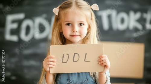 A young girl holding a sign with 'UDL' written on it in front of a chalkboard