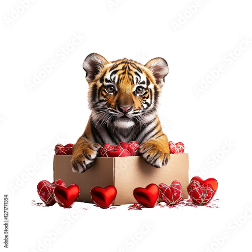 Adorable Tiger Cub in a Box of Valentine's Hearts