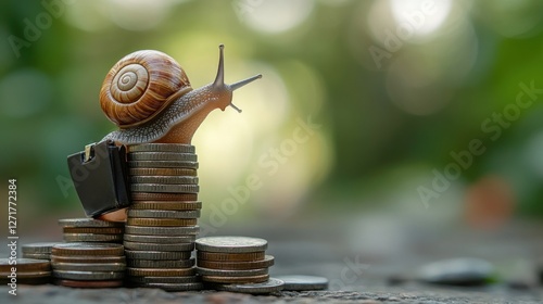 Snail climbing a stack of coins, symbolizing slow but steady progress and financial growth.