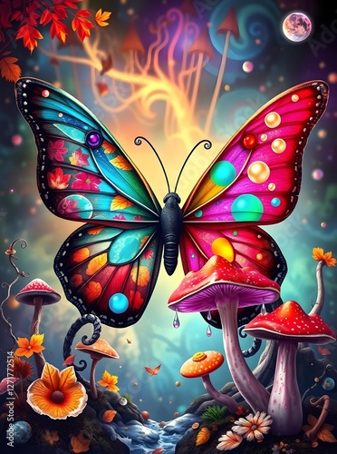 Whimsical Butterfly with Detailed Wings and Psychedelic Mushrooms – A Dreamlike Fantasy Scene with Glowing Fungi, Cosmic Elements, and Neon Colors