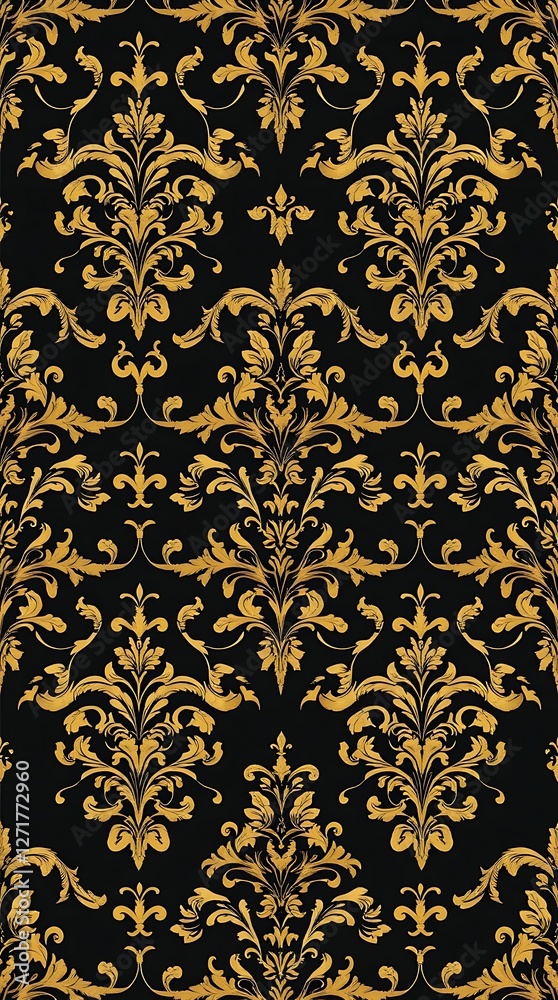 Fototapeta premium A sophisticated seamless pattern displaying ornate damask designs, rendered in a classic etching style with deep blacks and rich gold accents, incorporating a baroque layout.