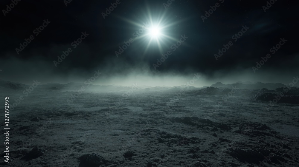 Fototapeta premium A serene lunar landscape illuminated by a bright star in the night sky.