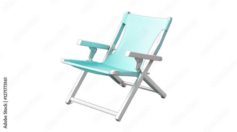 A blue folding chair with a white frame