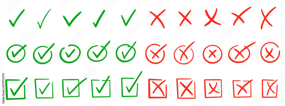 Check marks doodle set. Vote, yes, no, checkbox, checklist, tick and cross signs, v and x drawn concept. Hand drawn doodle sketch style vector illustration 