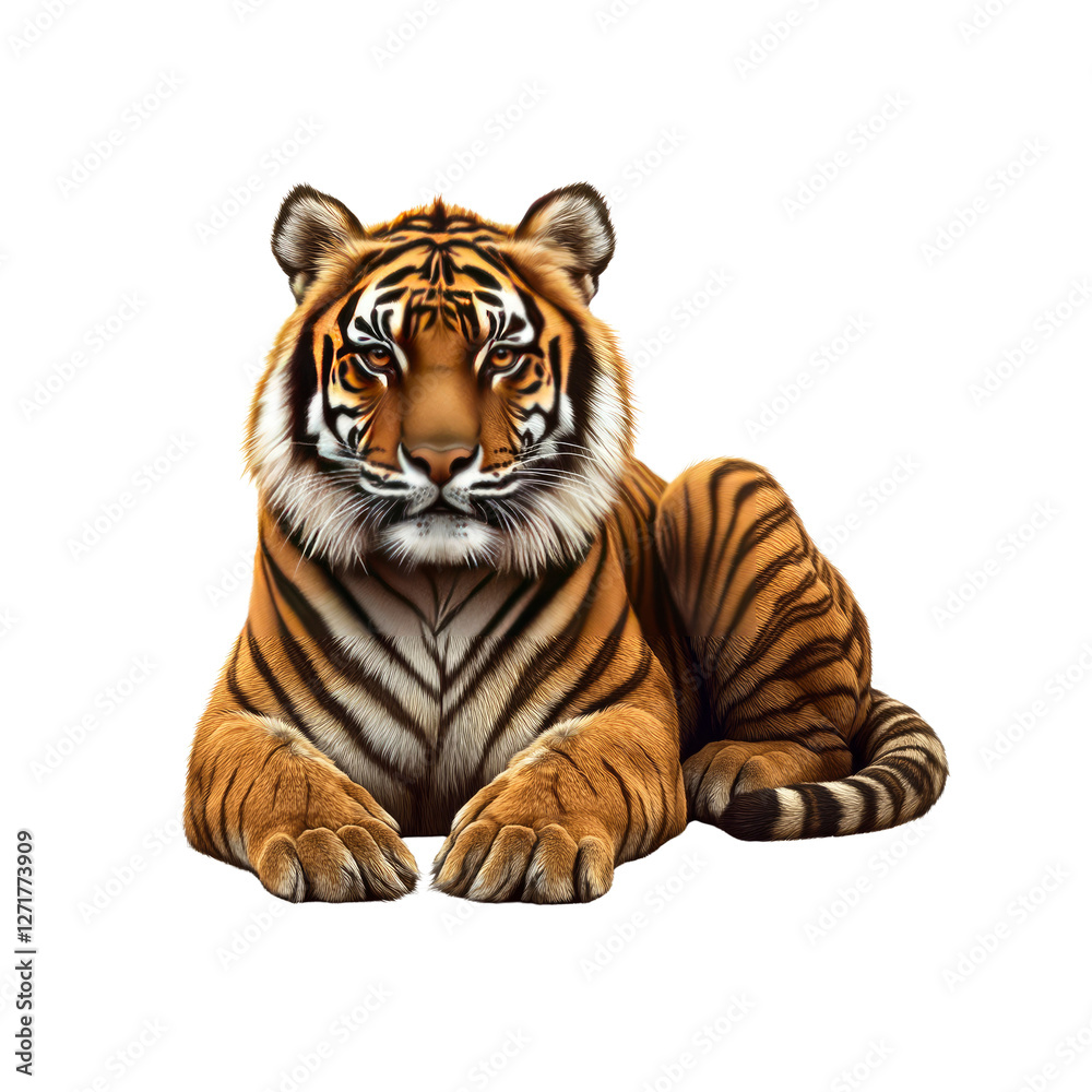 Naklejka premium Majestic Bengal Tiger Lying Down, Isolated on White Background