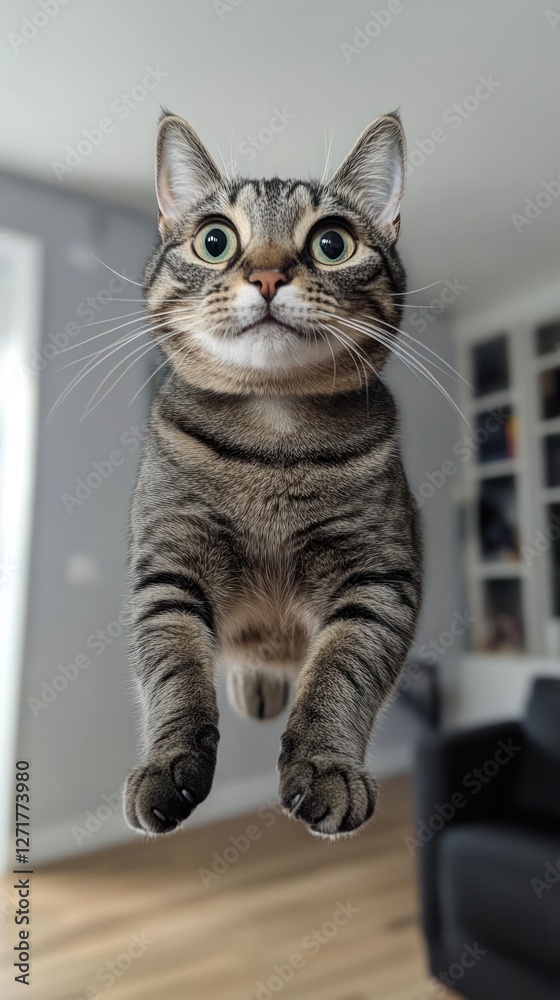 Surprised tabby cat seemingly floating in mid-air. Surprised tabby cat seemingly floating in mid-air.