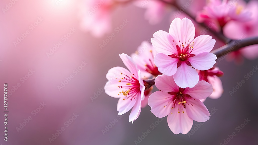 Pink cherry blossoms blooming on tree branches against a neutral background. A soft, natural scene representing springtime, renewal, and beauty Pink cherry blossoms blooming on tree branches against a neutral background. A soft, natural scene representing springtime, renewal, and beauty