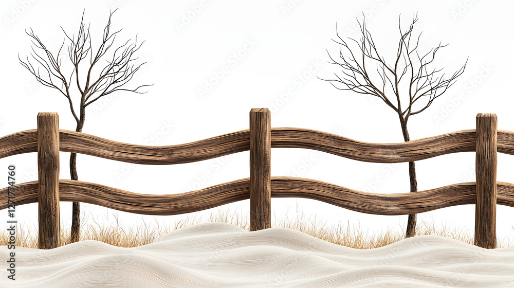 Obraz premium simple wooden tree fence with alternating long and short branches creating a pattern, isolated against a white background. simple wooden fence, alternating branches, long and short branches,