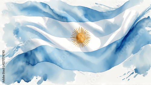 Waving Argentina flag in watercolor style with sun emblem