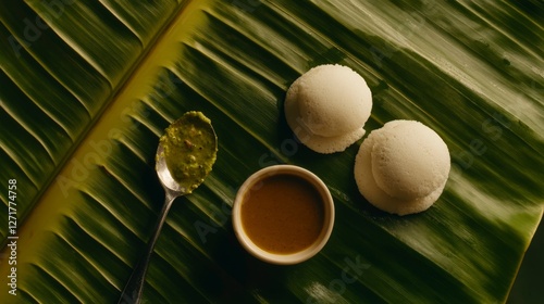 Aromatic South Indian Idli and Sambar Delight on Banana Leaf