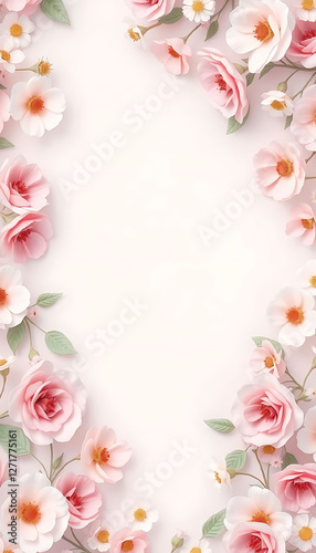 Wallpaper Mural Soft pink cherry blossoms on delicate blurred background. Delicate pink roses and white flowers form a decorative frame on a soft white background, creating an elegant and romantic floral concept Torontodigital.ca