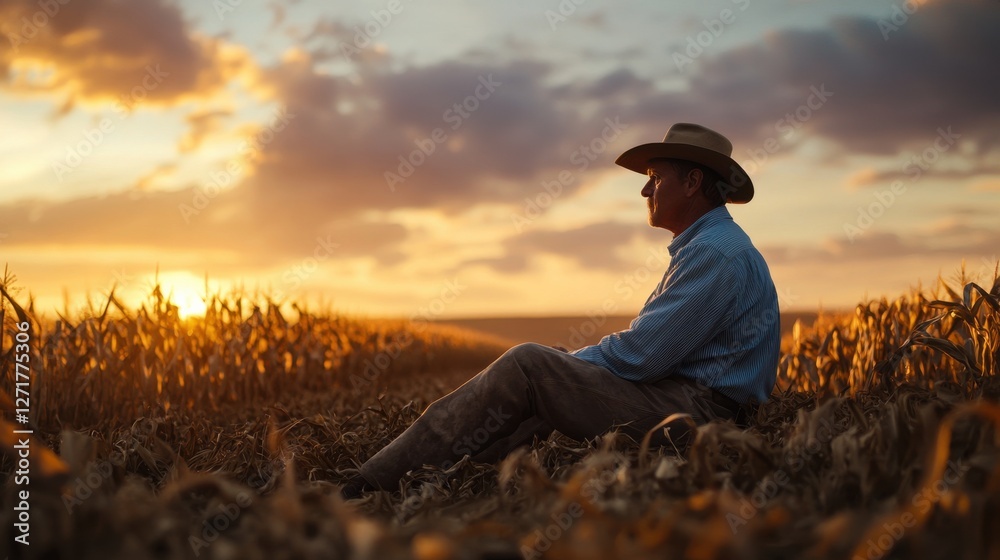 Fototapeta premium A contemplative farmer sits in a cornfield at sunset, reflecting on the day's work as warm hues fill the sky.