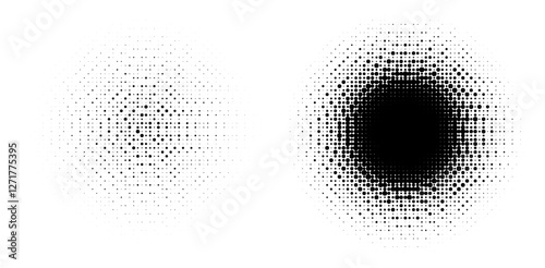 Two circular dot patterns on a white background, transitioning from dense black at the center to sparse edges. The design creates a minimalist and abstract visual, emphasizing contrast and symmetry.