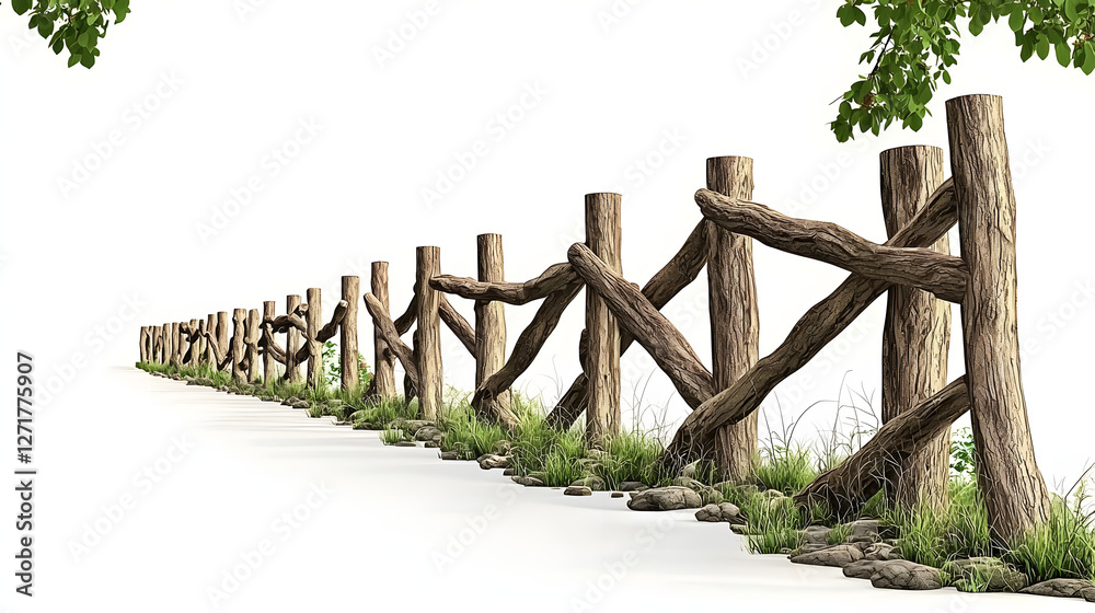 Obraz premium row of tall, slender tree fences standing in a straight line, their branches intertwined to form a natural barrier, isolated on a clean white background with ample copy space tree fence, tall 