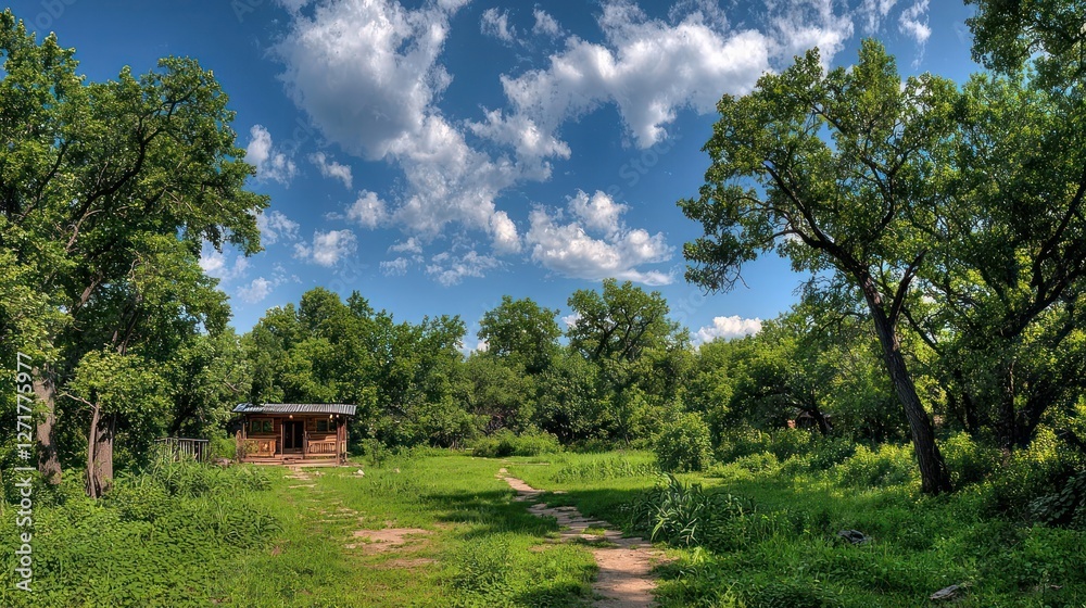 Small Wooden Cabin nestled in Lush Green Forest with Sunny Sky Small Wooden Cabin nestled in Lush Green Forest with Sunny Sky