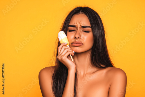 Indian Woman with Long Hair Experiencing Tooth Sensitivity While Eating an Ice Cream Pop photo