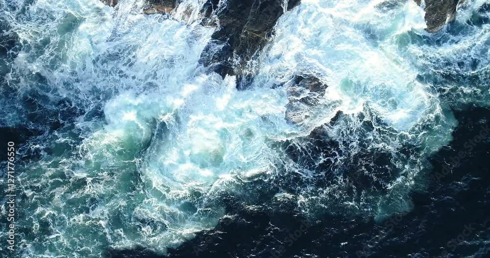 Storm powerful waves crashing against rocky coastline in Norway, dramatic ocean scenery, Drone slow-motion footage 4K aerial view Storm powerful waves crashing against rocky coastline in Norway, dramatic ocean scenery, Drone slow-motion footage 4K aerial view