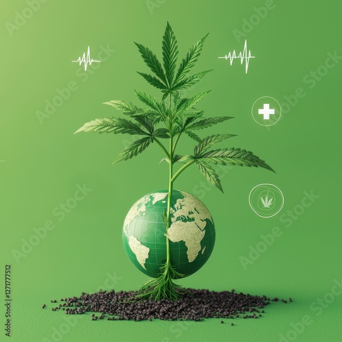 A vibrant cannabis plant grows from a globe, symbolizing environmental sustainability and health.