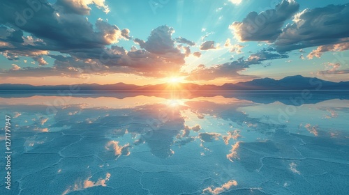 A vast salt flat reflecting the sky perfectly, creating a mirror illusion, cinematic realism