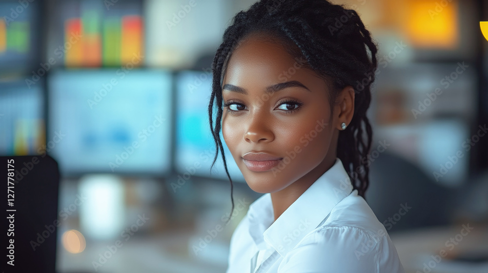 A confident young Black businesswoman in a white shirt sits in a modern office with financial charts on screens behind her, symbolizing success, investment and stock market. A confident young Black businesswoman in a white shirt sits in a modern office with financial charts on screens behind her, symbolizing success, investment and stock market.
