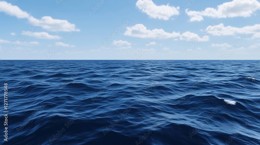 Obraz premium A serene view of calm ocean waves with a clear blue sky and fluffy clouds.