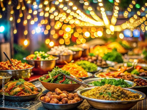 Delicious Thai Buffet Feast: Festive Asian Food with Bokeh Lights