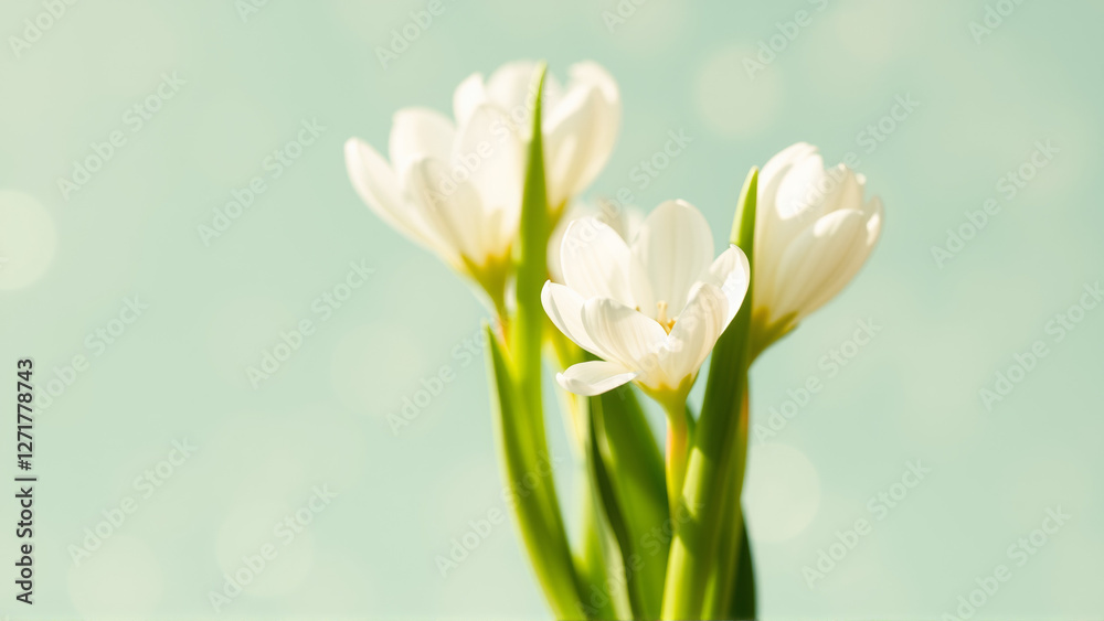 Fototapeta premium Delicate spring flowers in backlit sunlight, blurred background