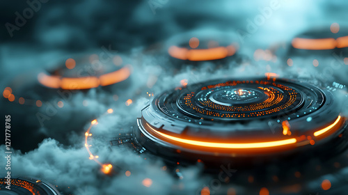 Dynamic internet-driven data streams from glowing circles over cloudy background digital art futuristic environment abstract viewpoint