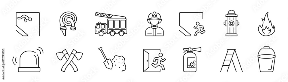 Fire safety icons set. Firefighting, firehose, fire engine extinguisher, flame protection. Vector Fire safety icons set. Firefighting, firehose, fire engine extinguisher, flame protection. Vector