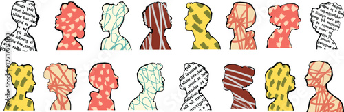 Vector Abstract Silhouette Crowd with Vibrant Patterns on White Background, Diverse People Group with Artistic Texture, Conceptual Multicultural Society, Modern Digital Art