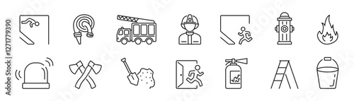Fire safety icons set. Firefighting, firehose, fire engine extinguisher, flame protection. Vector