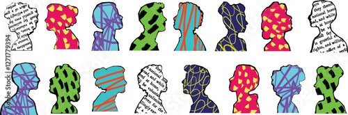Vector Abstract Silhouette Crowd with Vibrant Patterns on White Background, Diverse People Group with Artistic Texture, Conceptual Multicultural Society, Modern Digital Art