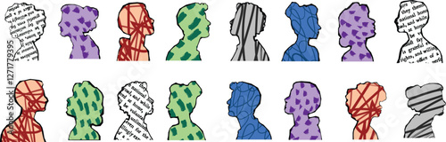 Vector Abstract Silhouette Crowd with Vibrant Patterns on White Background, Diverse People Group with Artistic Texture, Conceptual Multicultural Society, Modern Digital Art