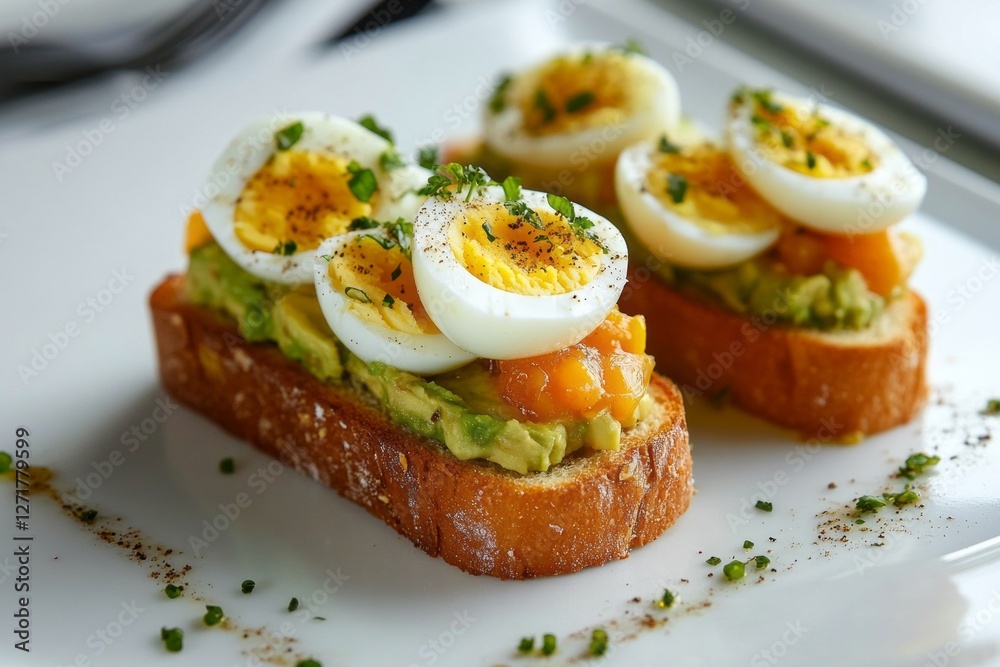 Enjoy a vibrant plate featuring avocado toast adorned with creamy slices of hard-boiled eggs. This dish sits on a sunlit table, perfect for brunch at a cozy café Enjoy a vibrant plate featuring avocado toast adorned with creamy slices of hard-boiled eggs. This dish sits on a sunlit table, perfect for brunch at a cozy café