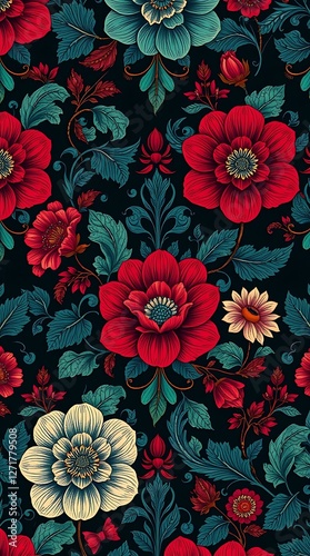 A seamless pattern of intricate, detailed floral designs in a vintage, Art Nouveau style, rendered in rich, jewel-toned colors of ruby red, sapphire blue, and emerald green,.