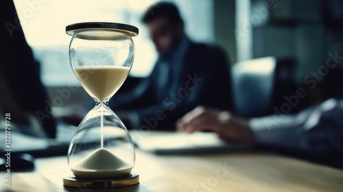 Hourglass on office desk with blurred businessmen in background. Time - management and business concept. photo