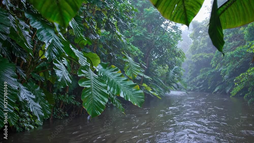 rainy in a forest with river. tropical rain in the water. seamless looping overlay video animation background