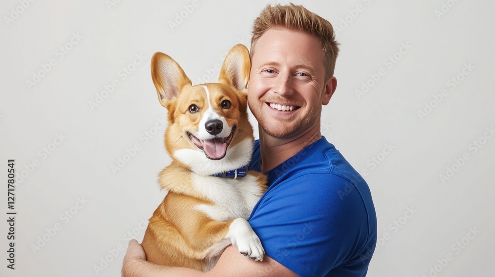 Happy man in blue shirt embracing a joyful corgi dog, showing a warm pet - owner bond. Happy man in blue shirt embracing a joyful corgi dog, showing a warm pet - owner bond.