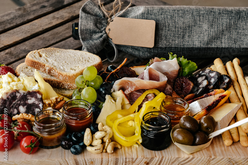 Traditional italian appetizers (antipasto). Salami, prosciutto, cheese, sticks of grissini, peaces of bread. Served with vegetables, olives, figs, grape, nuts, different kinds of jam and honey.  photo