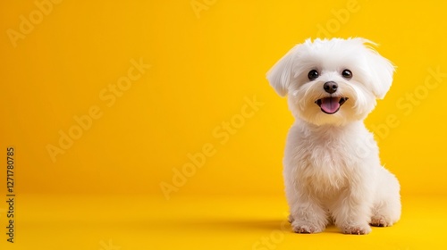 A cheerful white dog sits against a bright yellow background, showcasing its fluffy fur and happy expression.